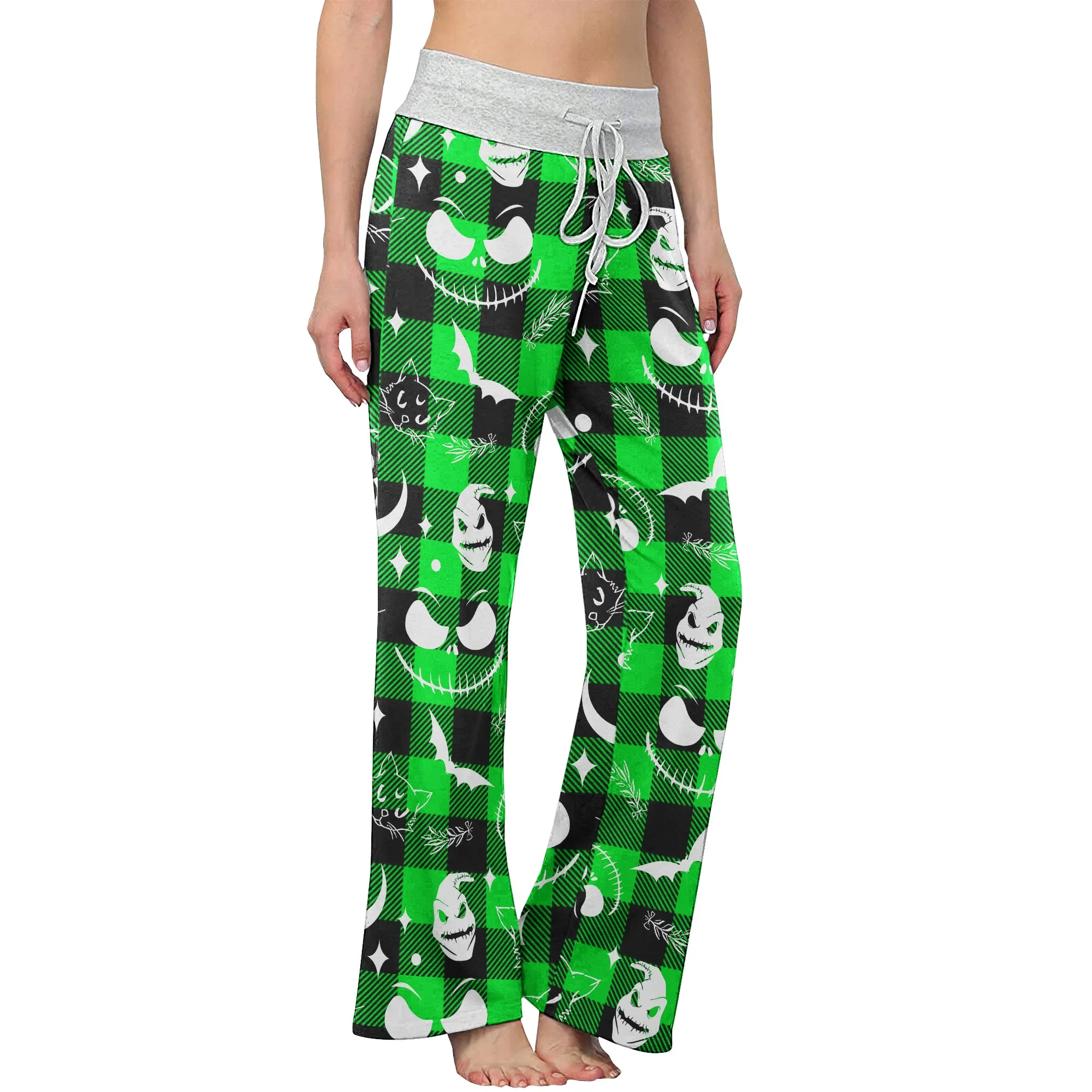Green White Christmas Check Board Theme Women's High-waisted Wide Leg Pants