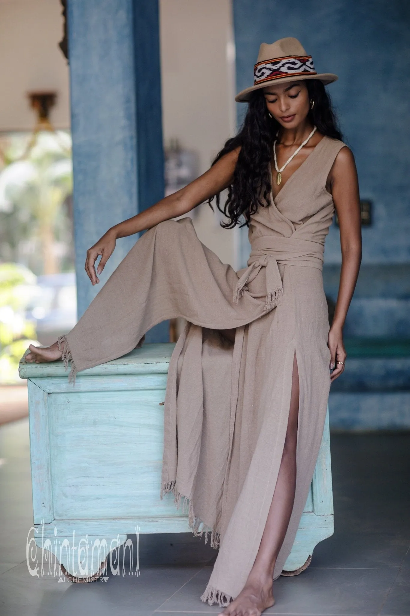 Gypsy Raw Cotton Sleeveless Long Wrap Dress / Coffee