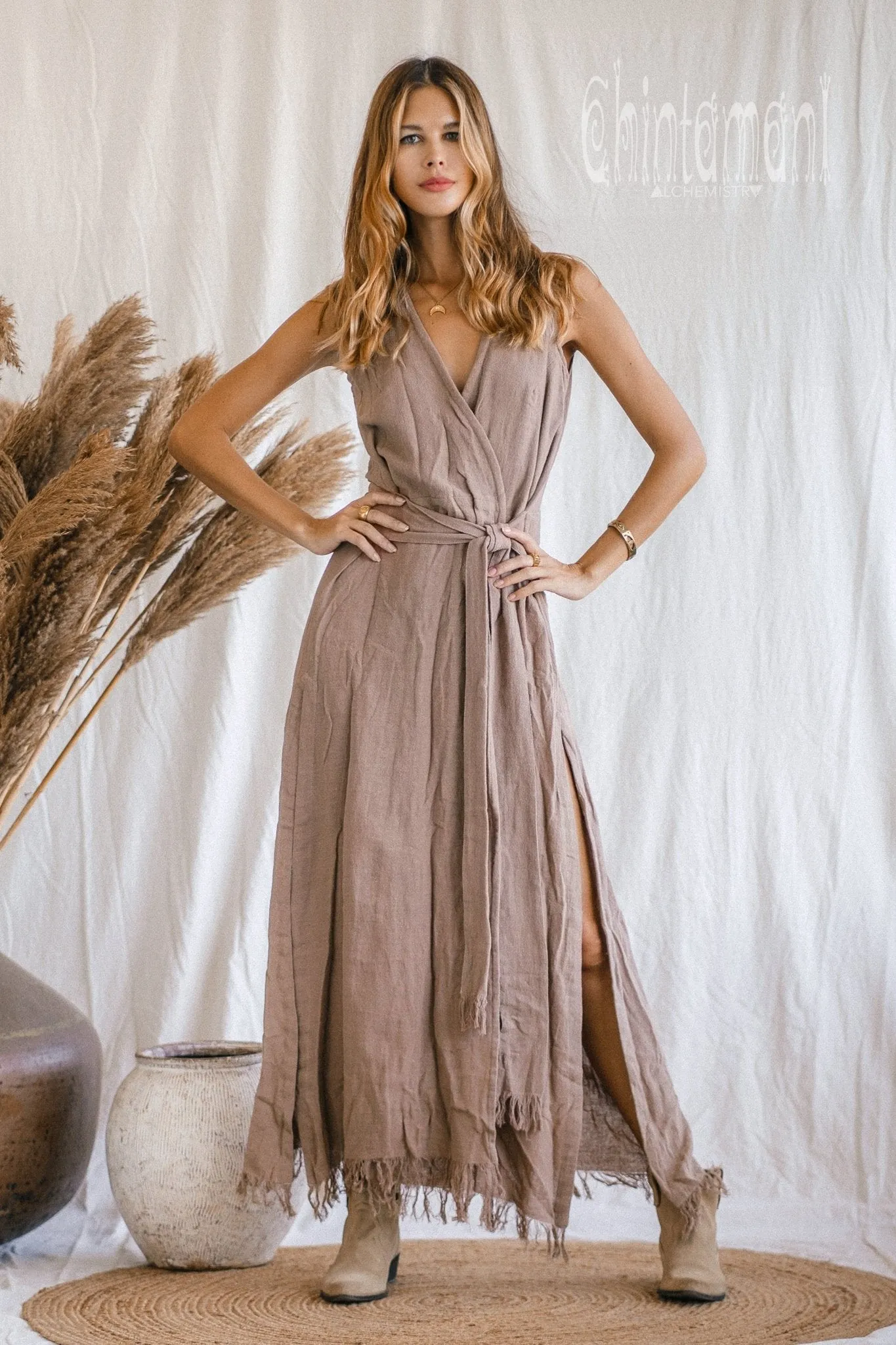 Gypsy Raw Cotton Sleeveless Long Wrap Dress / Coffee