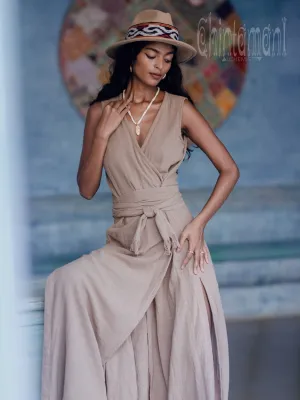 Gypsy Raw Cotton Sleeveless Long Wrap Dress / Coffee
