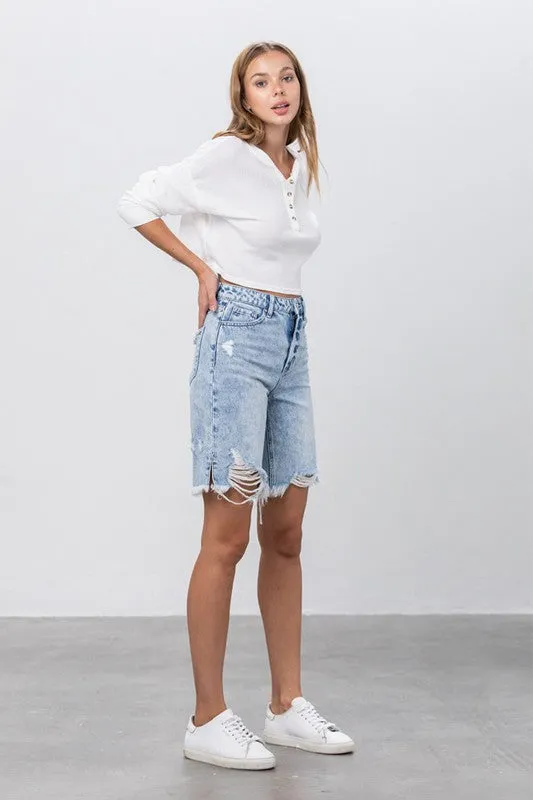 High Rise Frayed Hem Bermuda Denim Shorts
