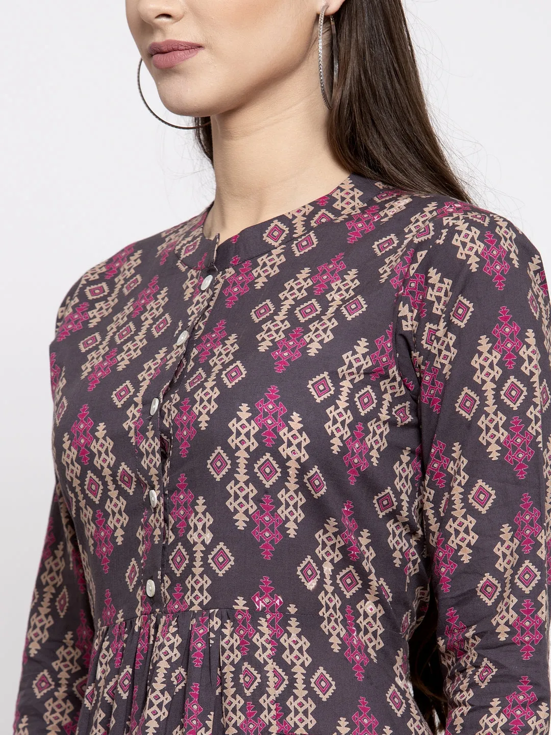 Indibelle cotton abstract print-A-line Dress (Grey)