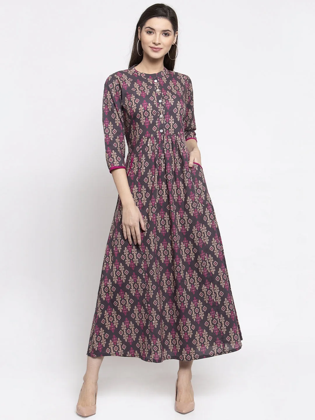 Indibelle cotton abstract print-A-line Dress (Grey)