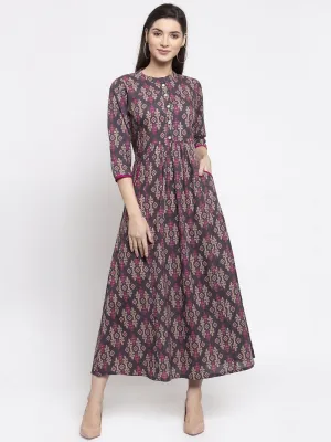 Indibelle cotton abstract print-A-line Dress (Grey)