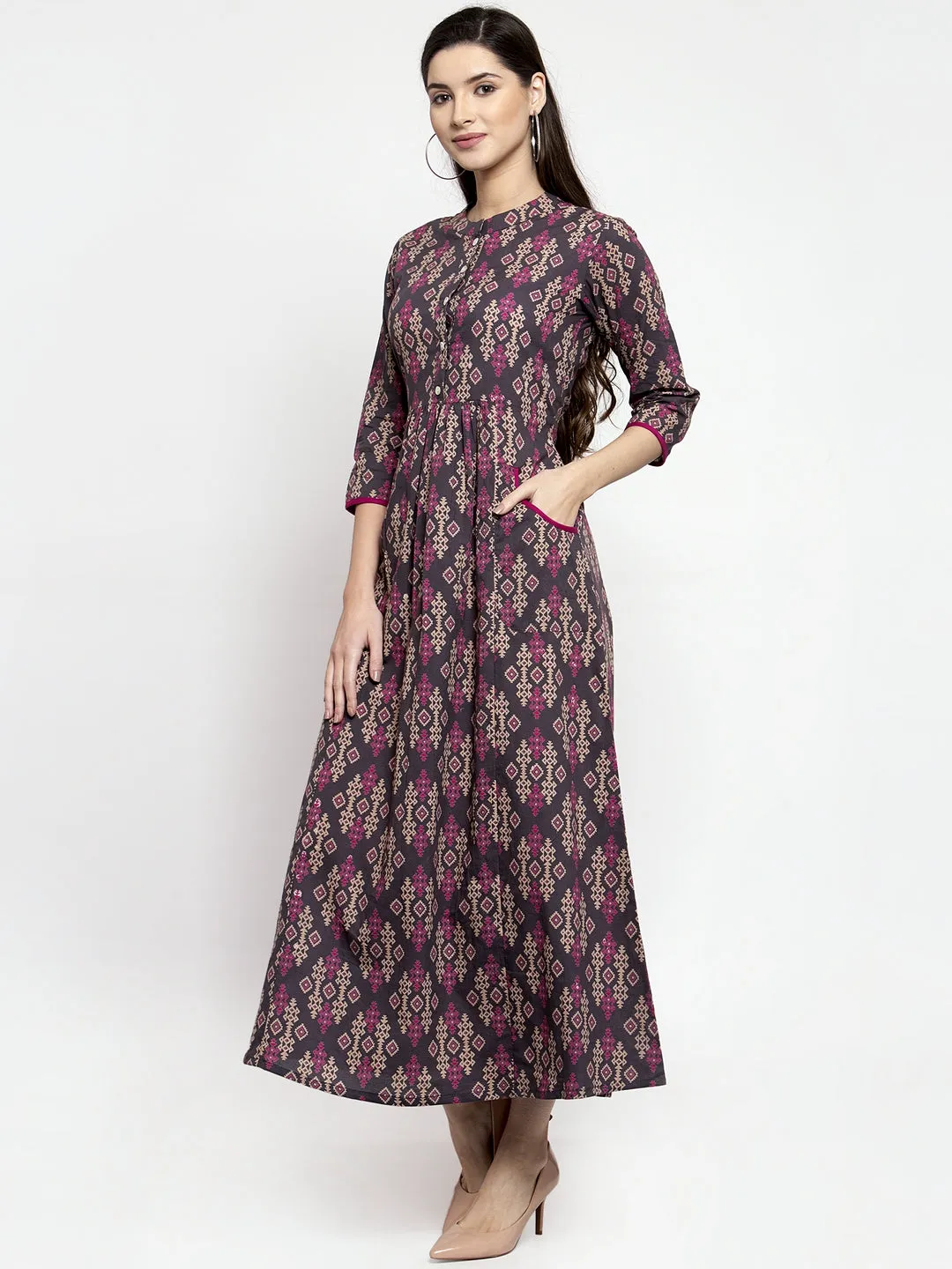 Indibelle cotton abstract print-A-line Dress (Grey)
