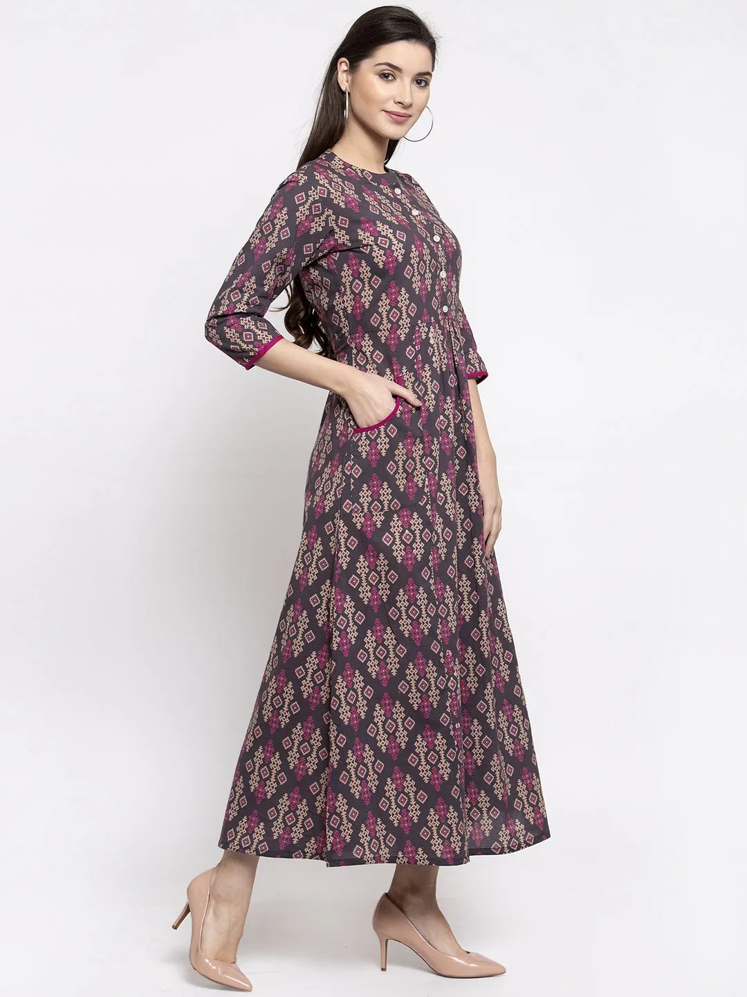 Indibelle cotton abstract print-A-line Dress (Grey)