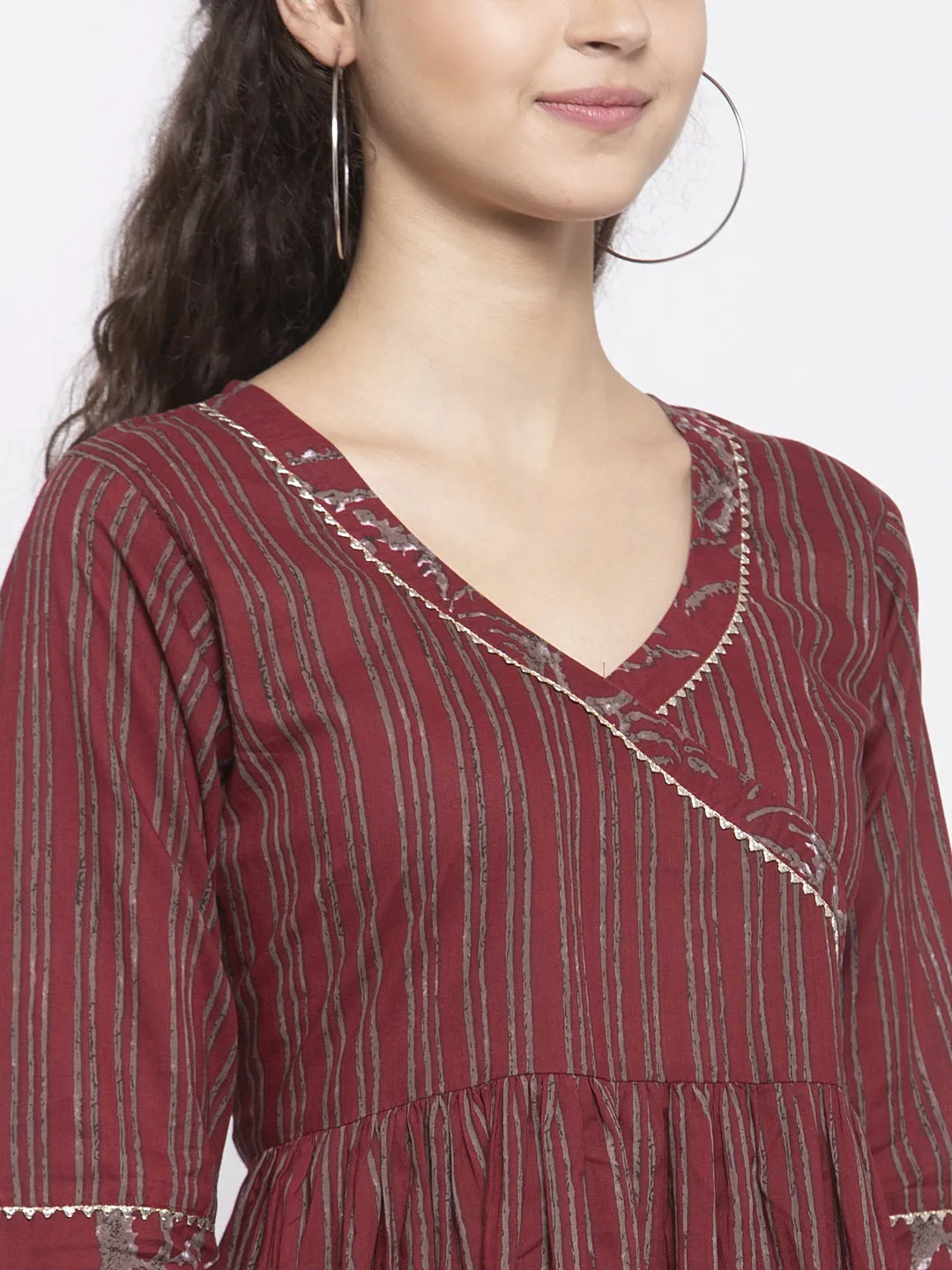 Indibelle Cotton Striped Print A-Line Dress (Wine)
