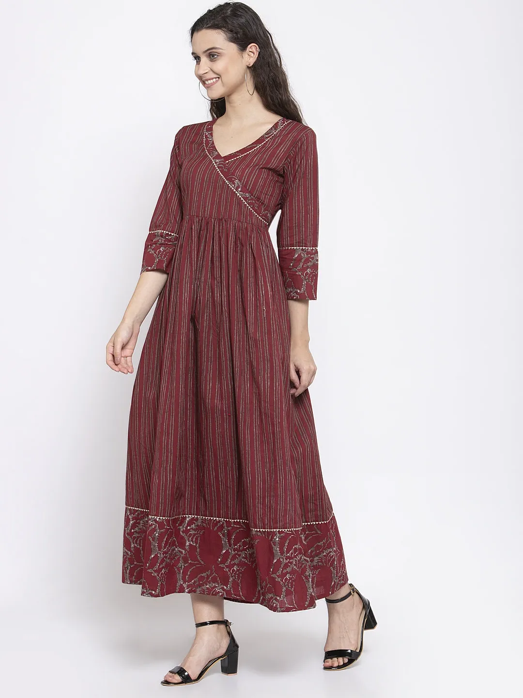 Indibelle Cotton Striped Print A-Line Dress (Wine)