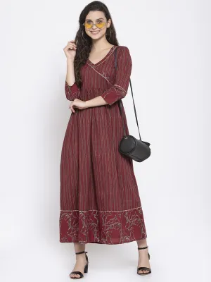 Indibelle Cotton Striped Print A-Line Dress (Wine)