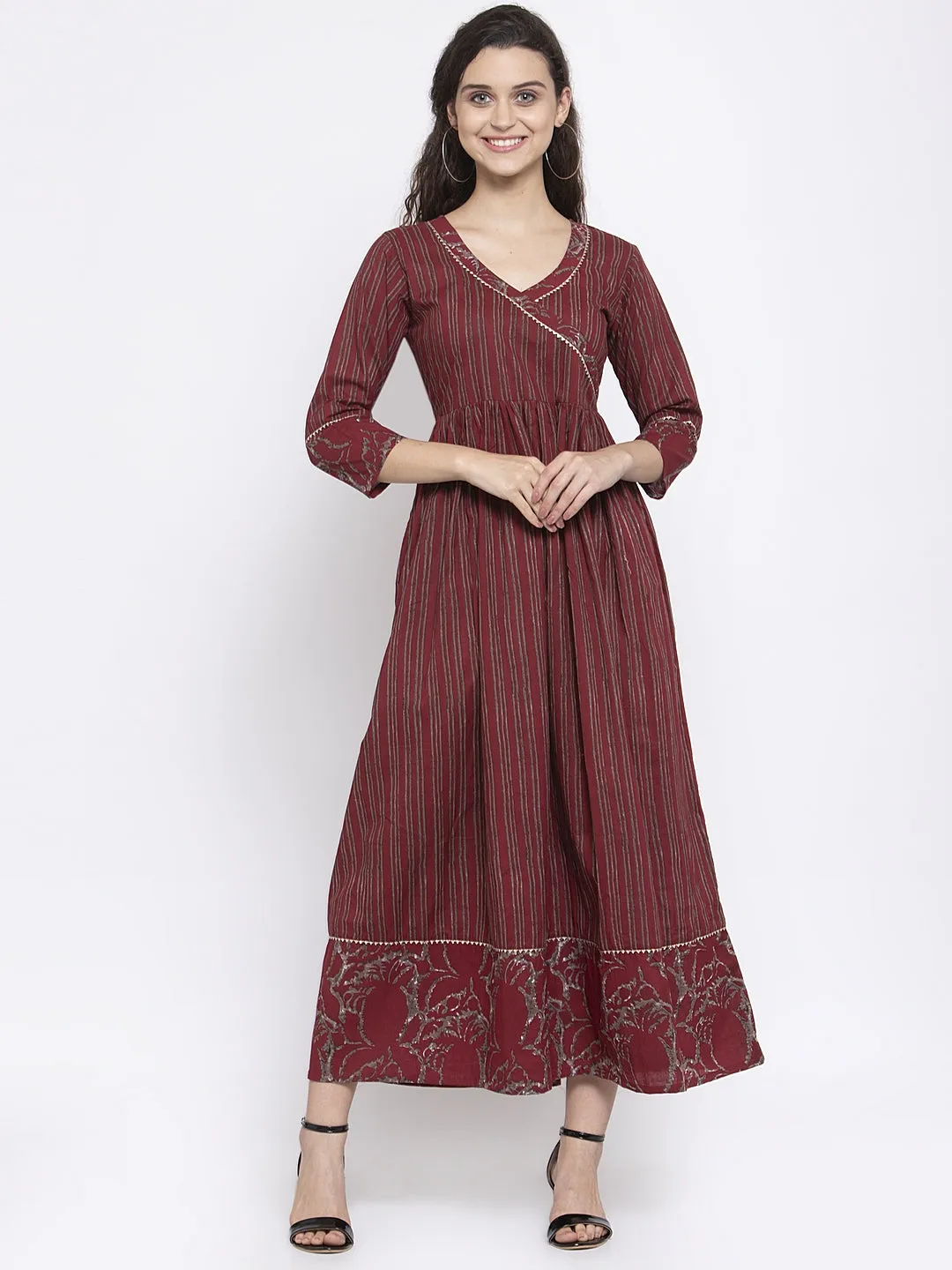 Indibelle Cotton Striped Print A-Line Dress (Wine)
