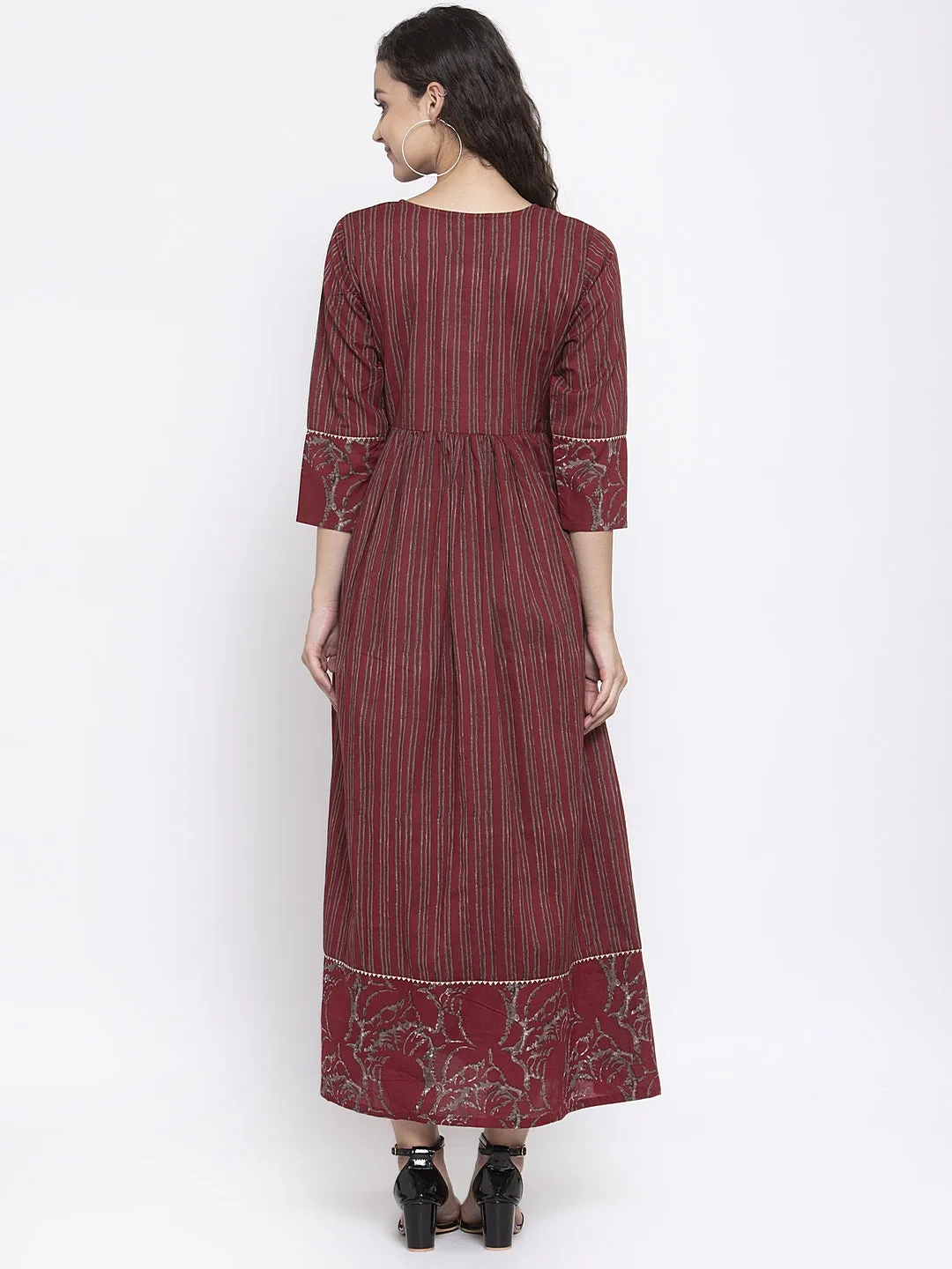 Indibelle Cotton Striped Print A-Line Dress (Wine)