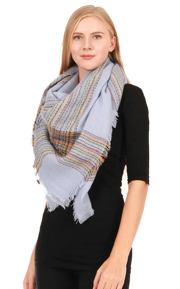 JS1086 Blue Plaid Print Oversize Square Blanket Scarf