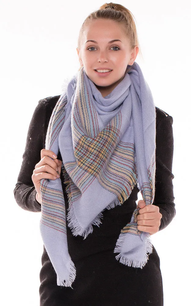 JS1086 Blue Plaid Print Oversize Square Blanket Scarf