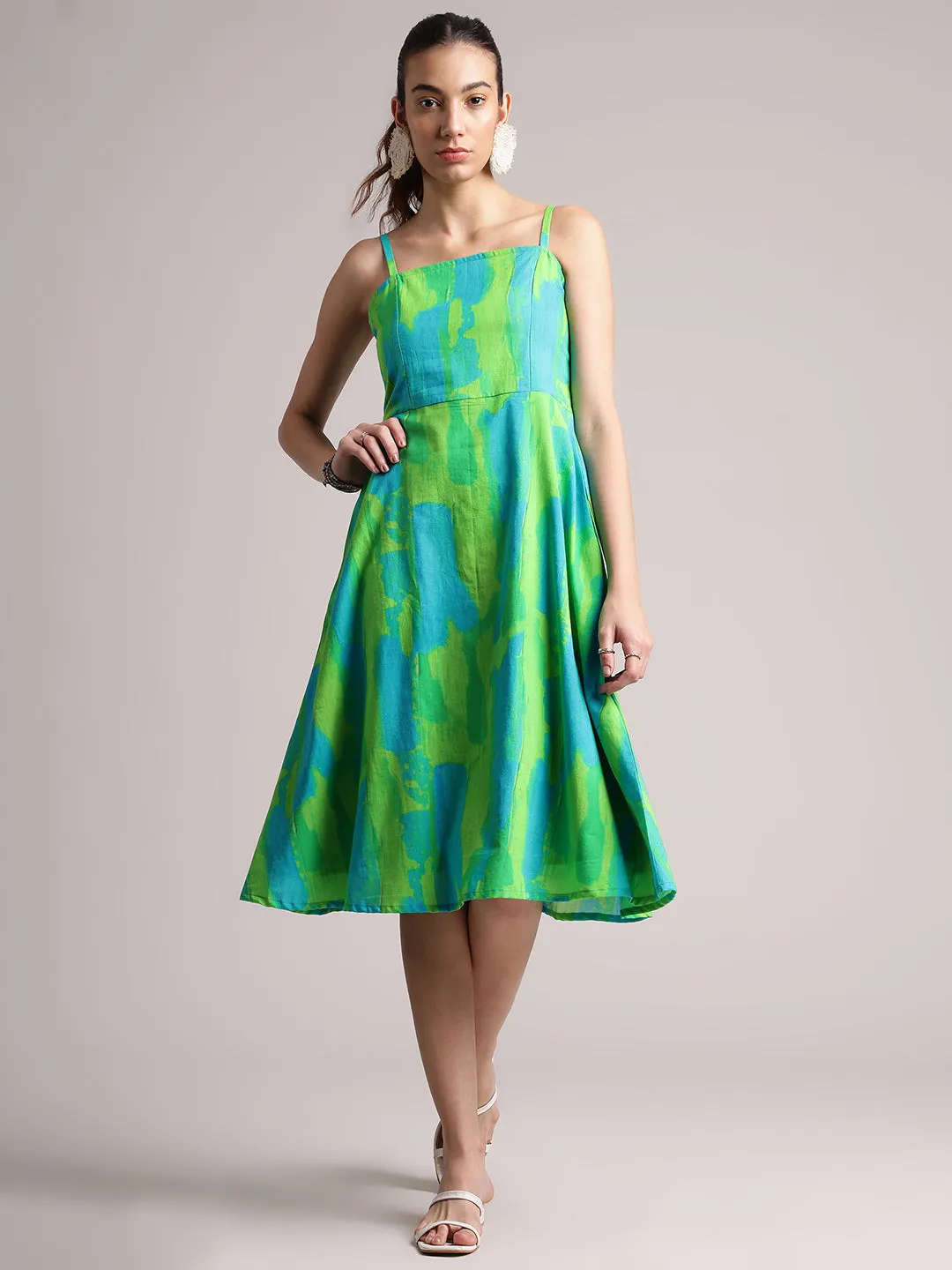 Lime Cotton Abstract A-Line Dress