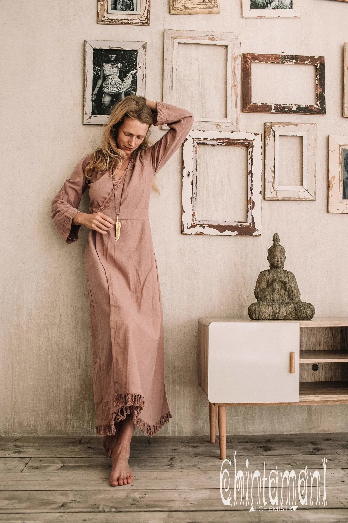 Maxi Kimono Wrap Dress with Fringes & Long Sleeves / Atua Tino / Dusty Rose