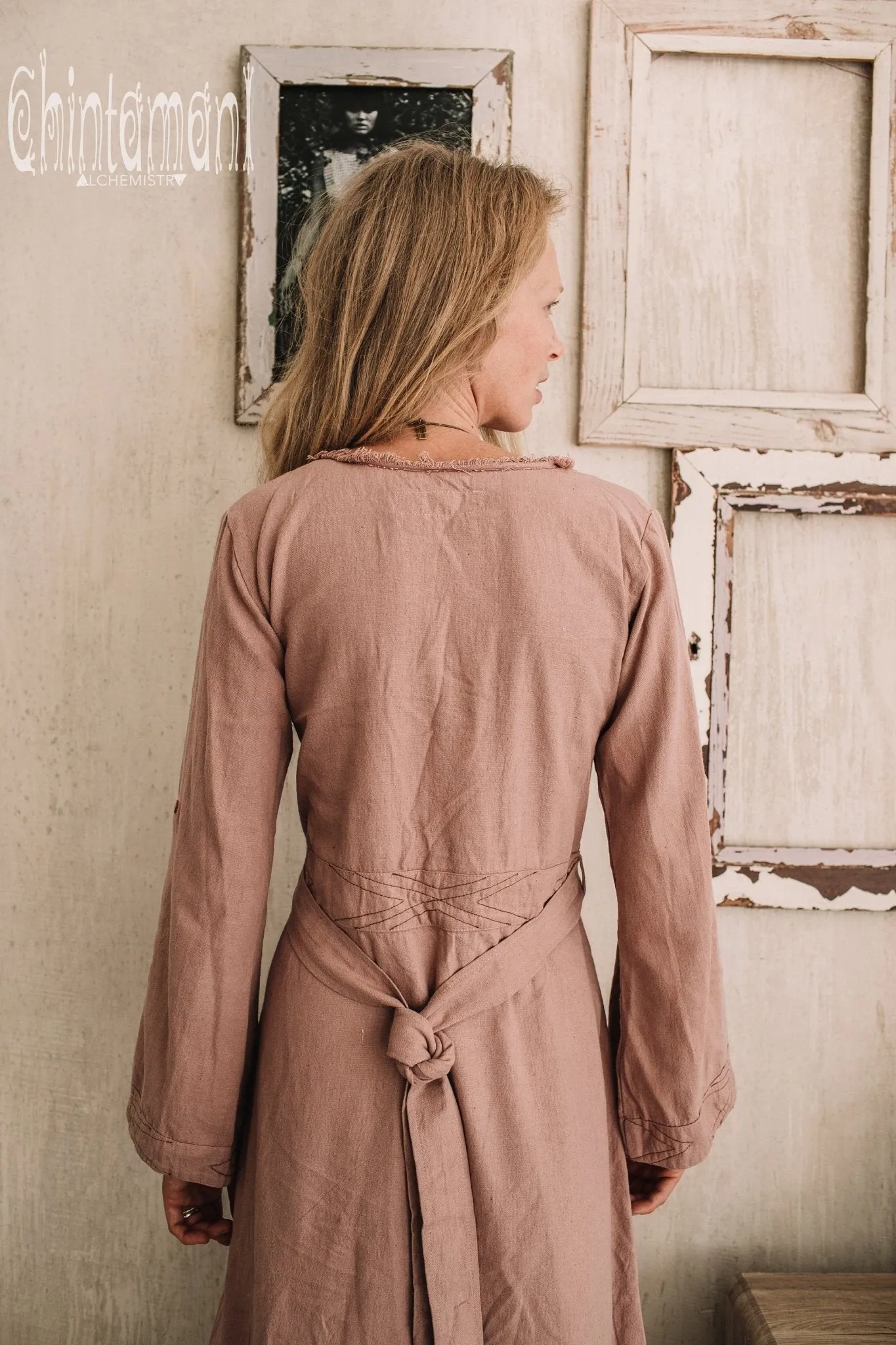 Maxi Kimono Wrap Dress with Fringes & Long Sleeves / Atua Tino / Dusty Rose
