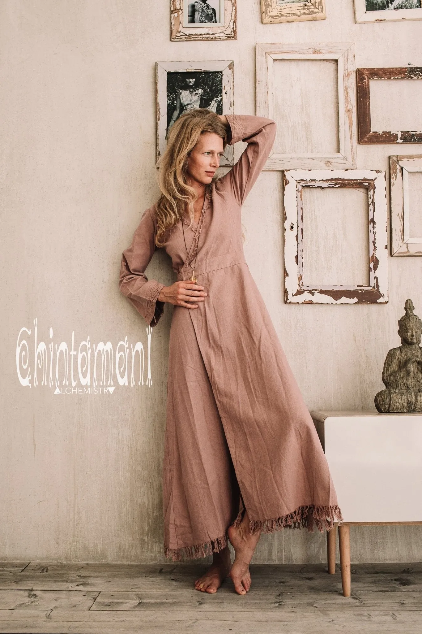 Maxi Kimono Wrap Dress with Fringes & Long Sleeves / Atua Tino / Dusty Rose