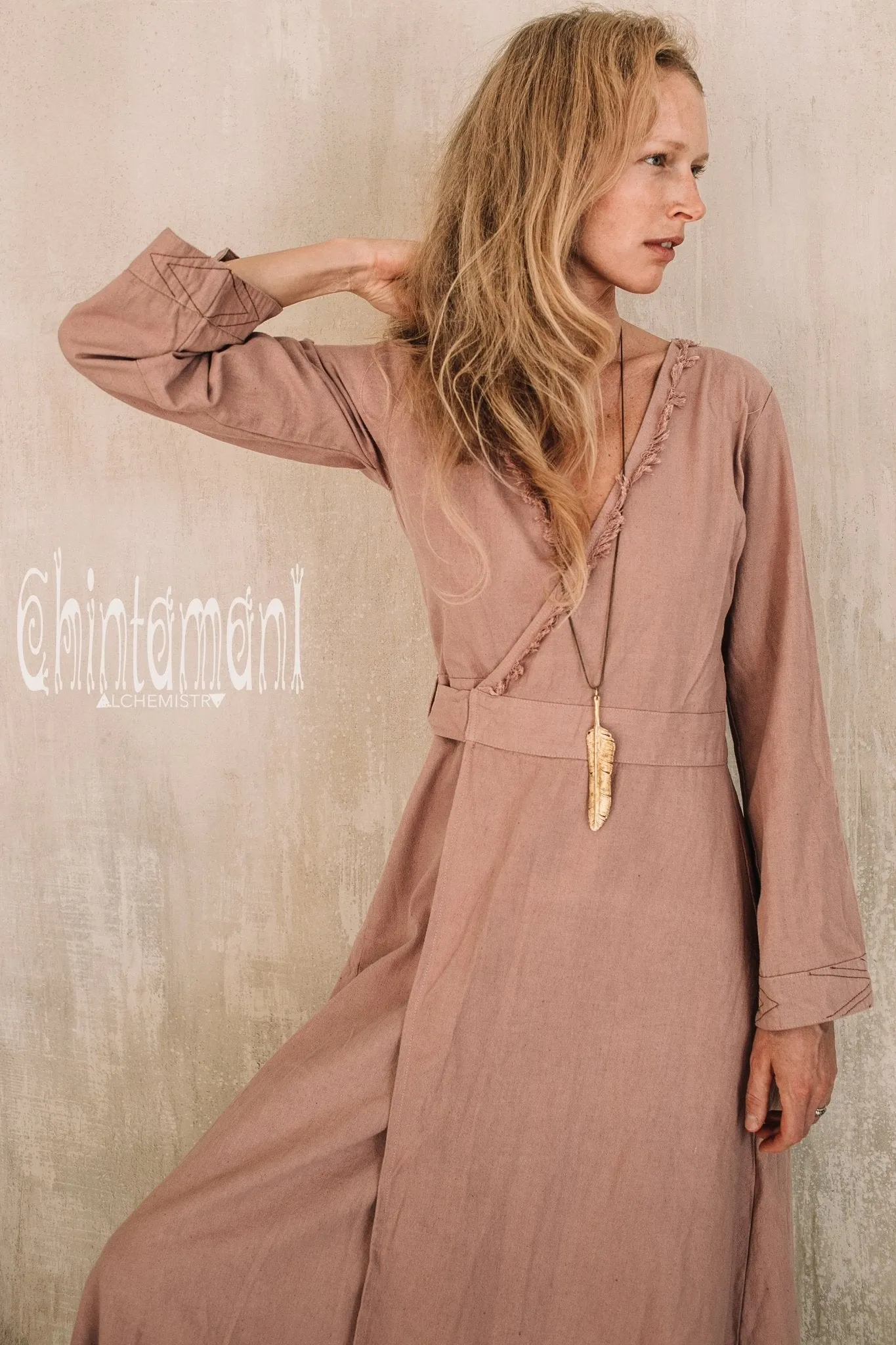 Maxi Kimono Wrap Dress with Fringes & Long Sleeves / Atua Tino / Dusty Rose
