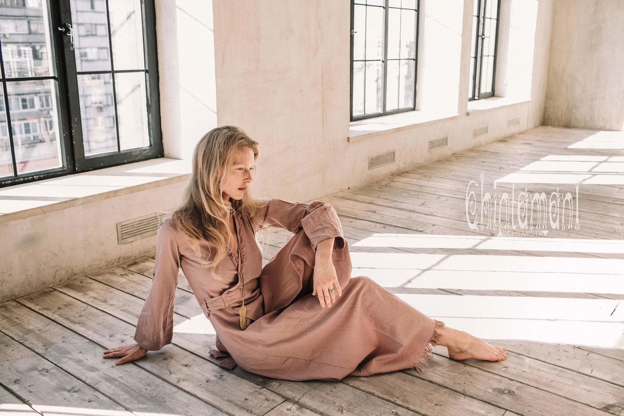 Maxi Kimono Wrap Dress with Fringes & Long Sleeves / Atua Tino / Dusty Rose