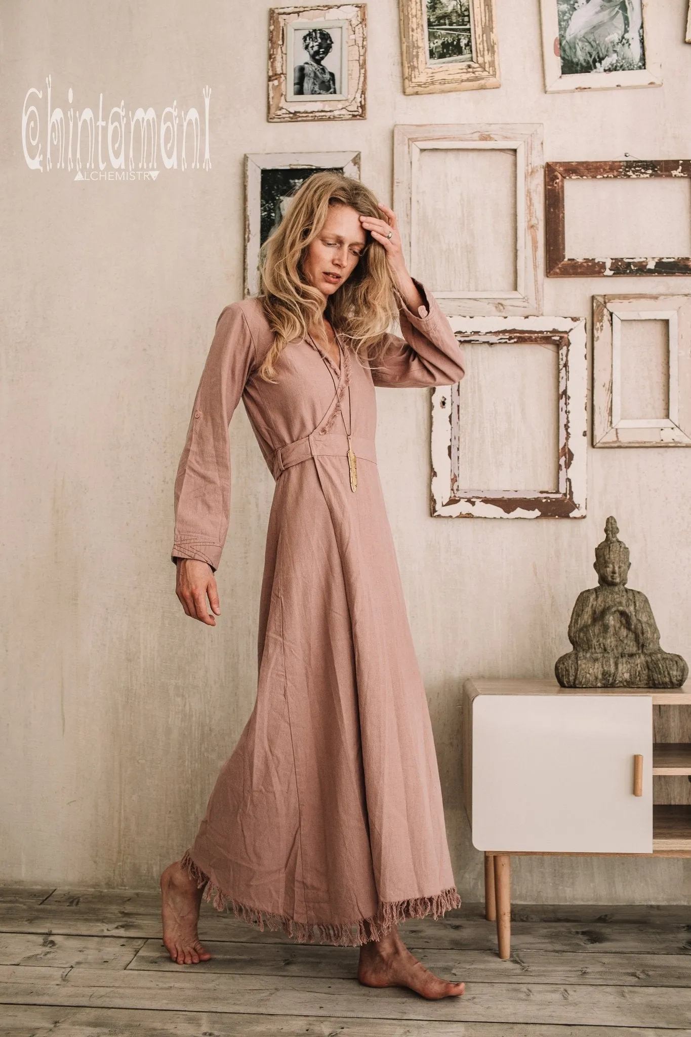 Maxi Kimono Wrap Dress with Fringes & Long Sleeves / Atua Tino / Dusty Rose