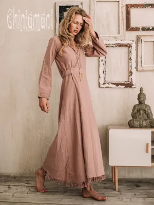 Maxi Kimono Wrap Dress with Fringes & Long Sleeves / Atua Tino / Dusty Rose