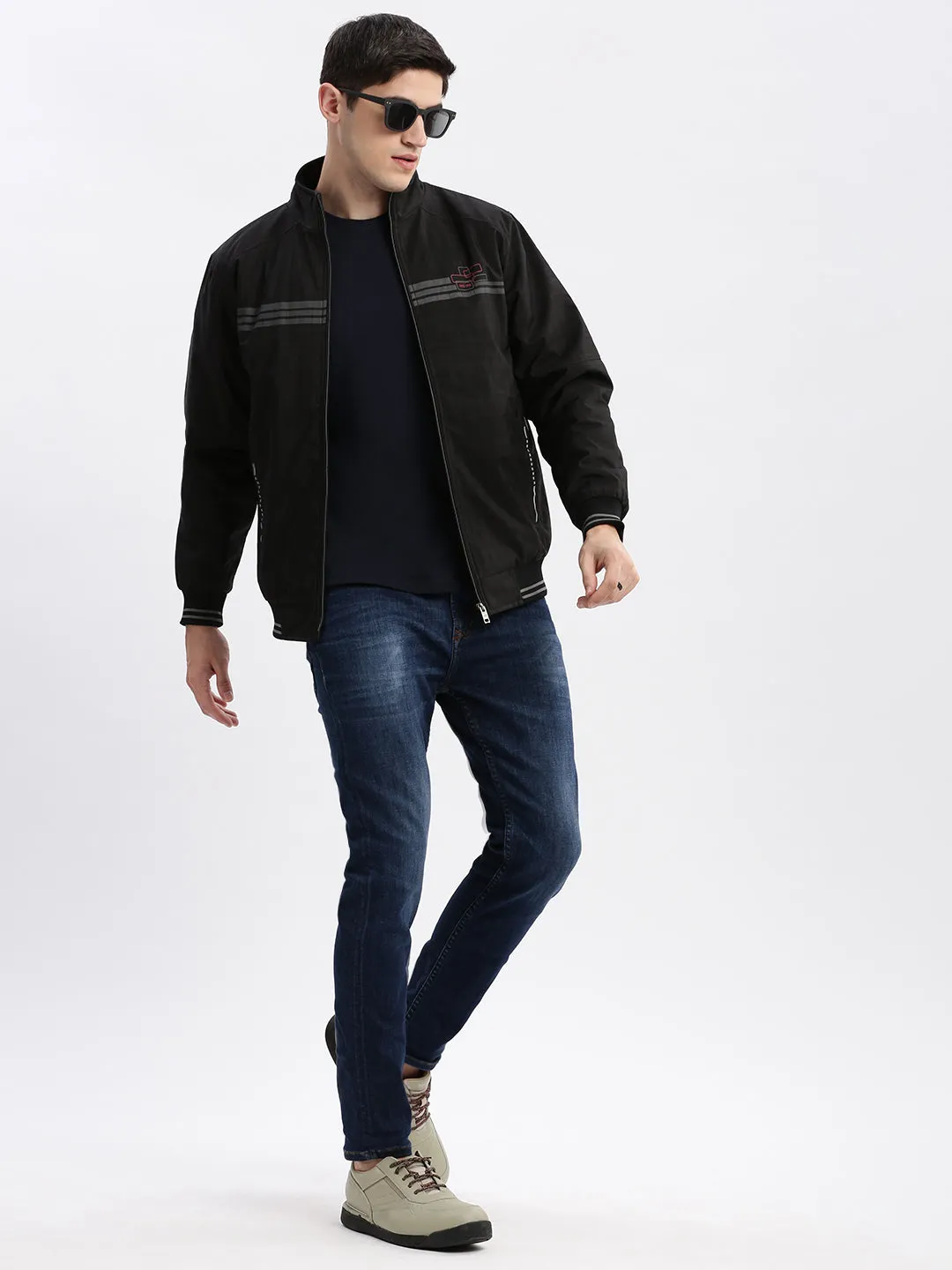 Men Striped Mock Collar Black Bomber Jacket