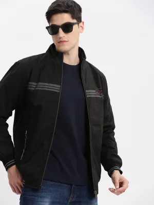 Men Striped Mock Collar Black Bomber Jacket