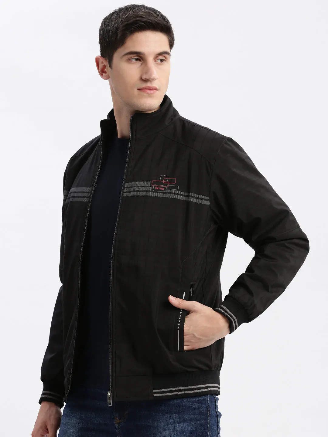 Men Striped Mock Collar Black Bomber Jacket