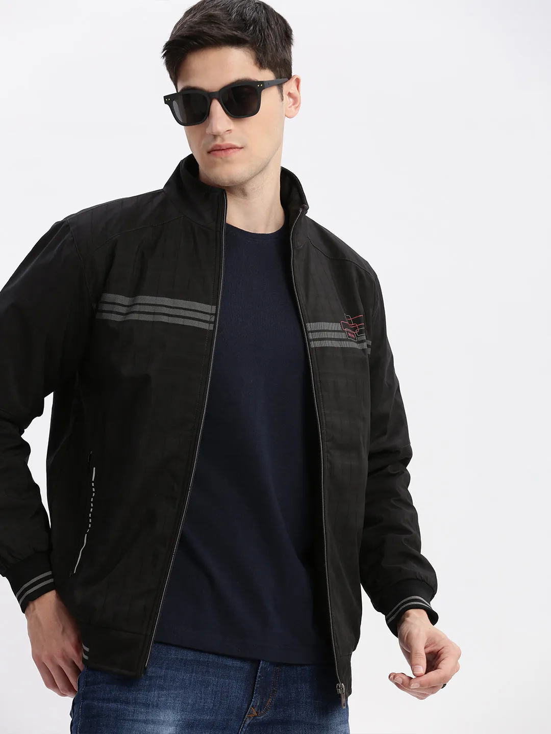 Men Striped Mock Collar Black Bomber Jacket