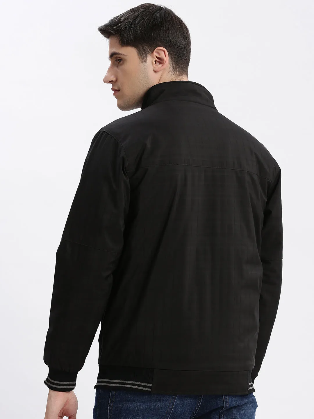 Men Striped Mock Collar Black Bomber Jacket
