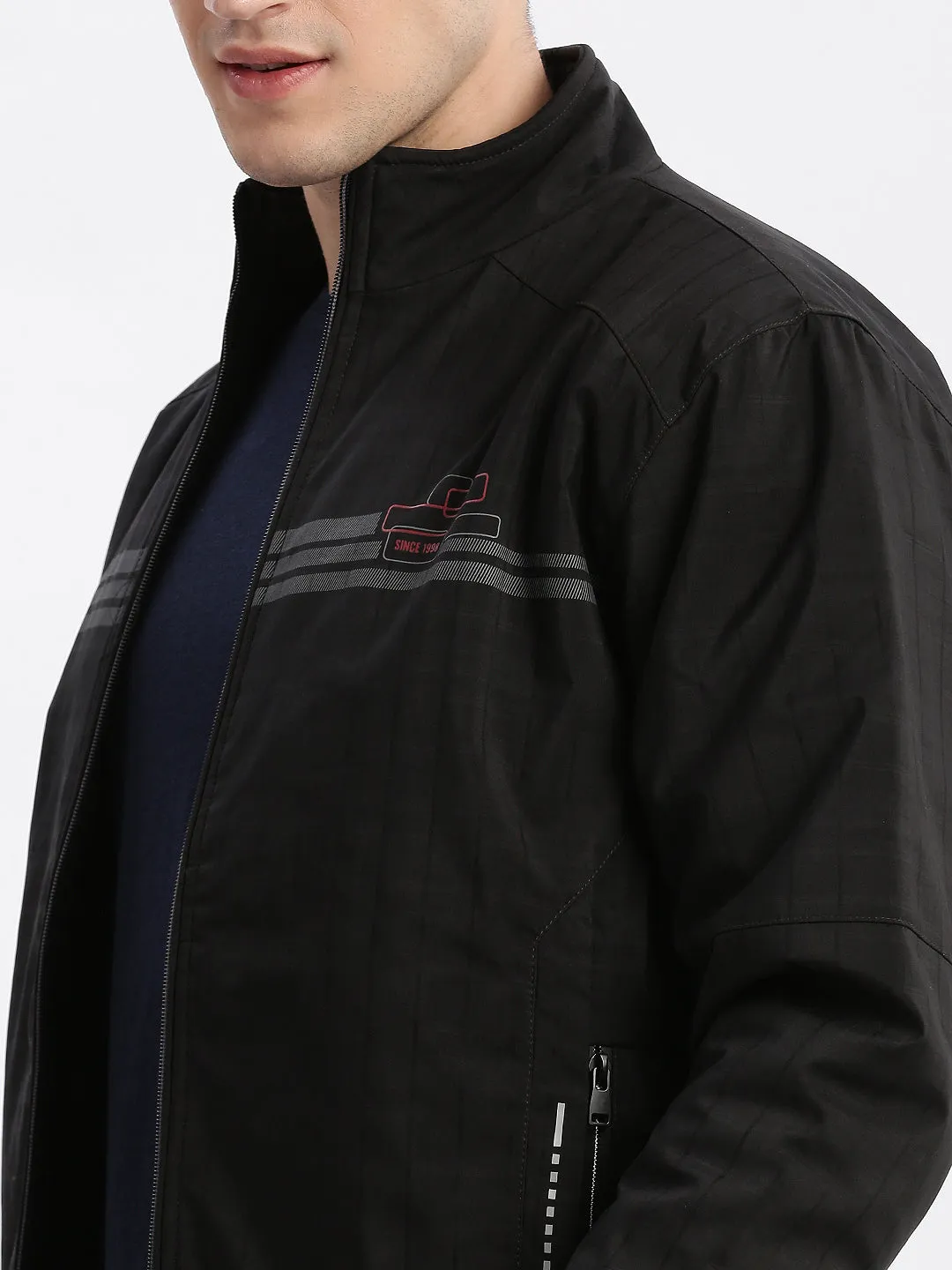 Men Striped Mock Collar Black Bomber Jacket