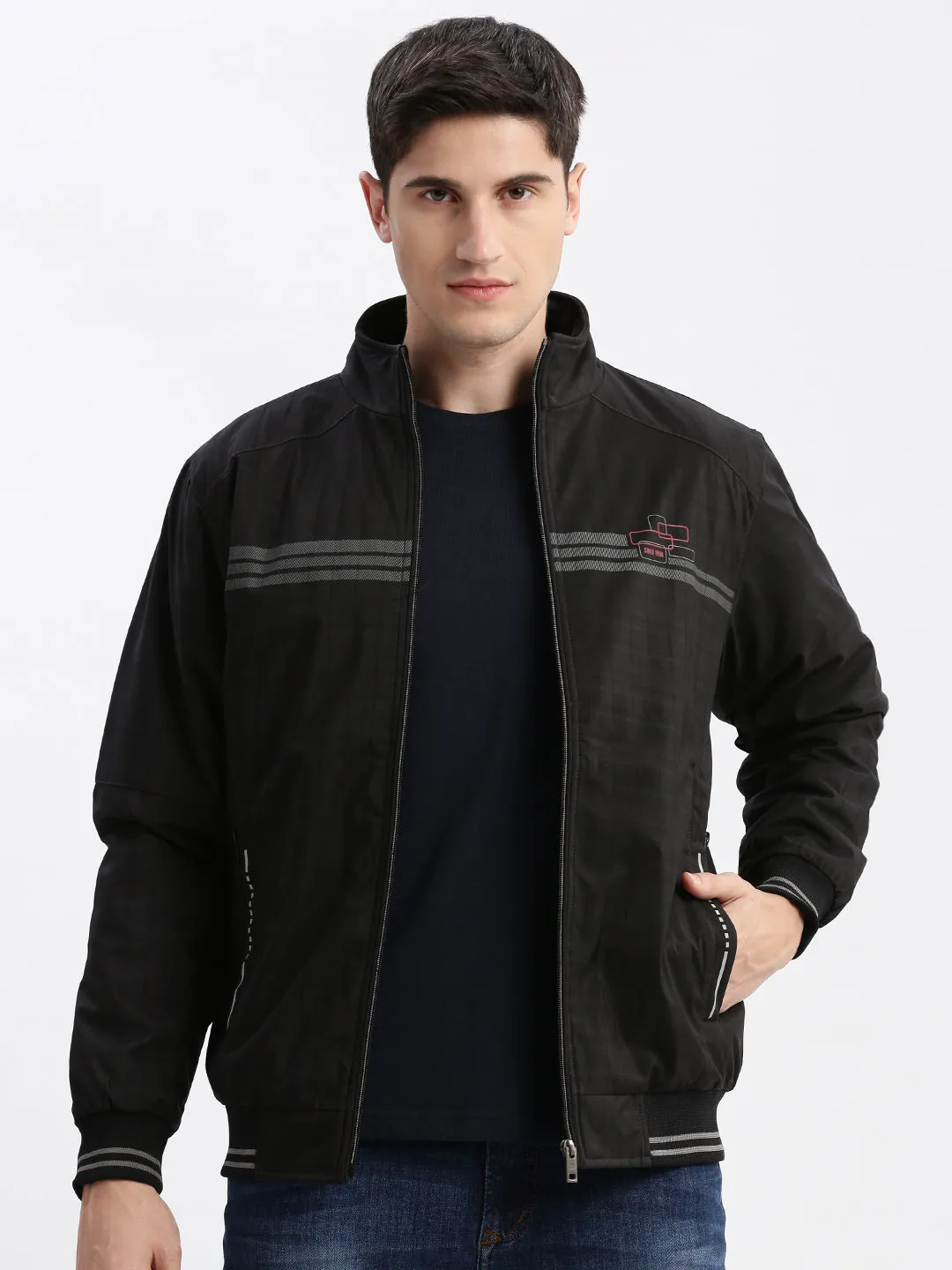 Men Striped Mock Collar Black Bomber Jacket