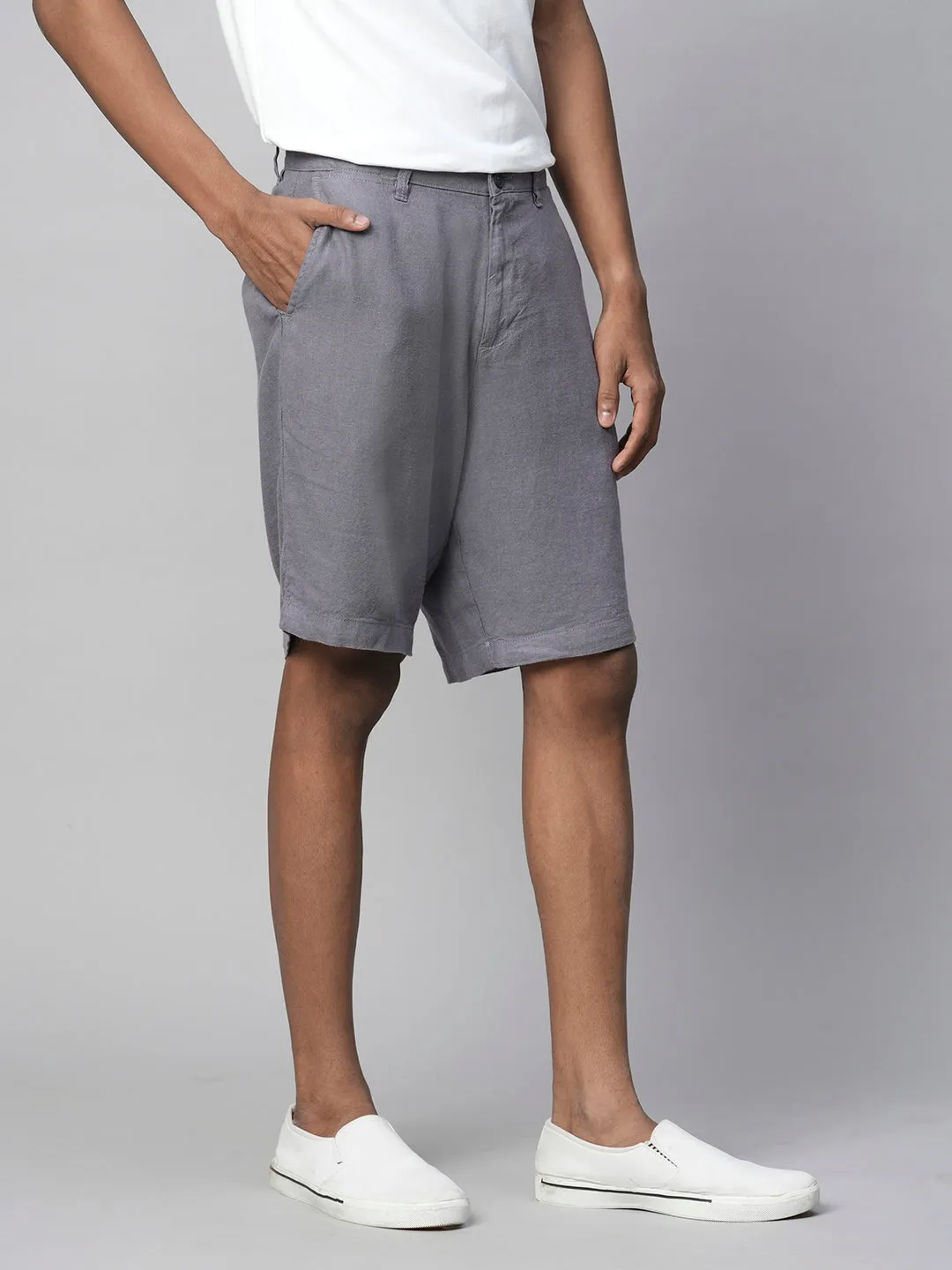 Men's Grey Linen Viscose Regular Fit Shorts