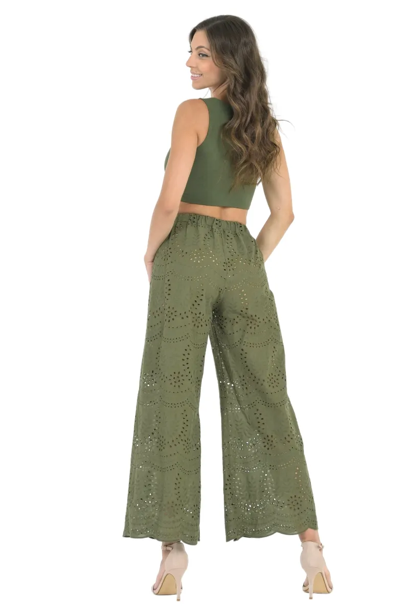 Olive Green Eyelet Embroidery Wide Leg Pants
