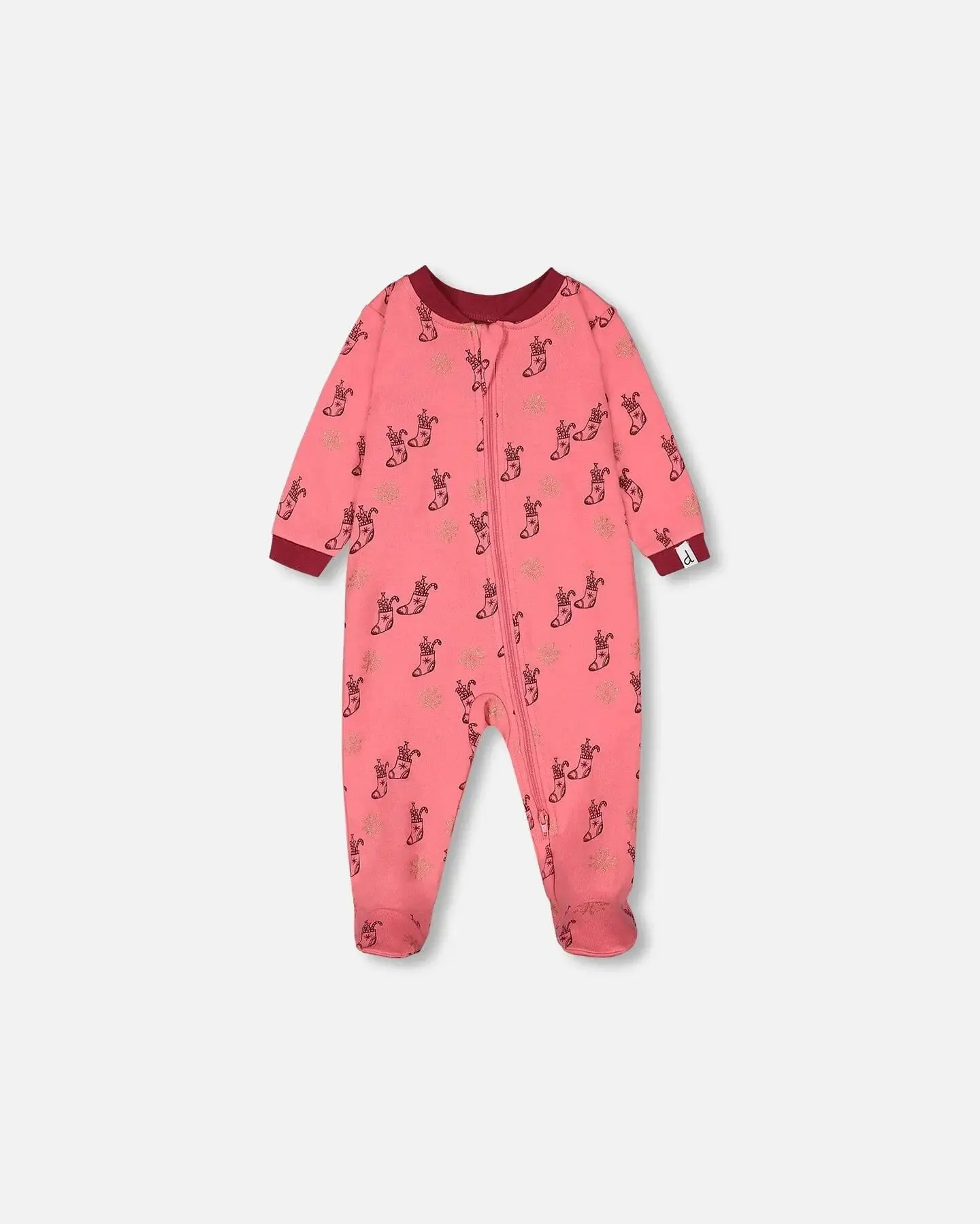 Organic Cotton One Piece Baby Pajama Pink Christmas Stocking Print