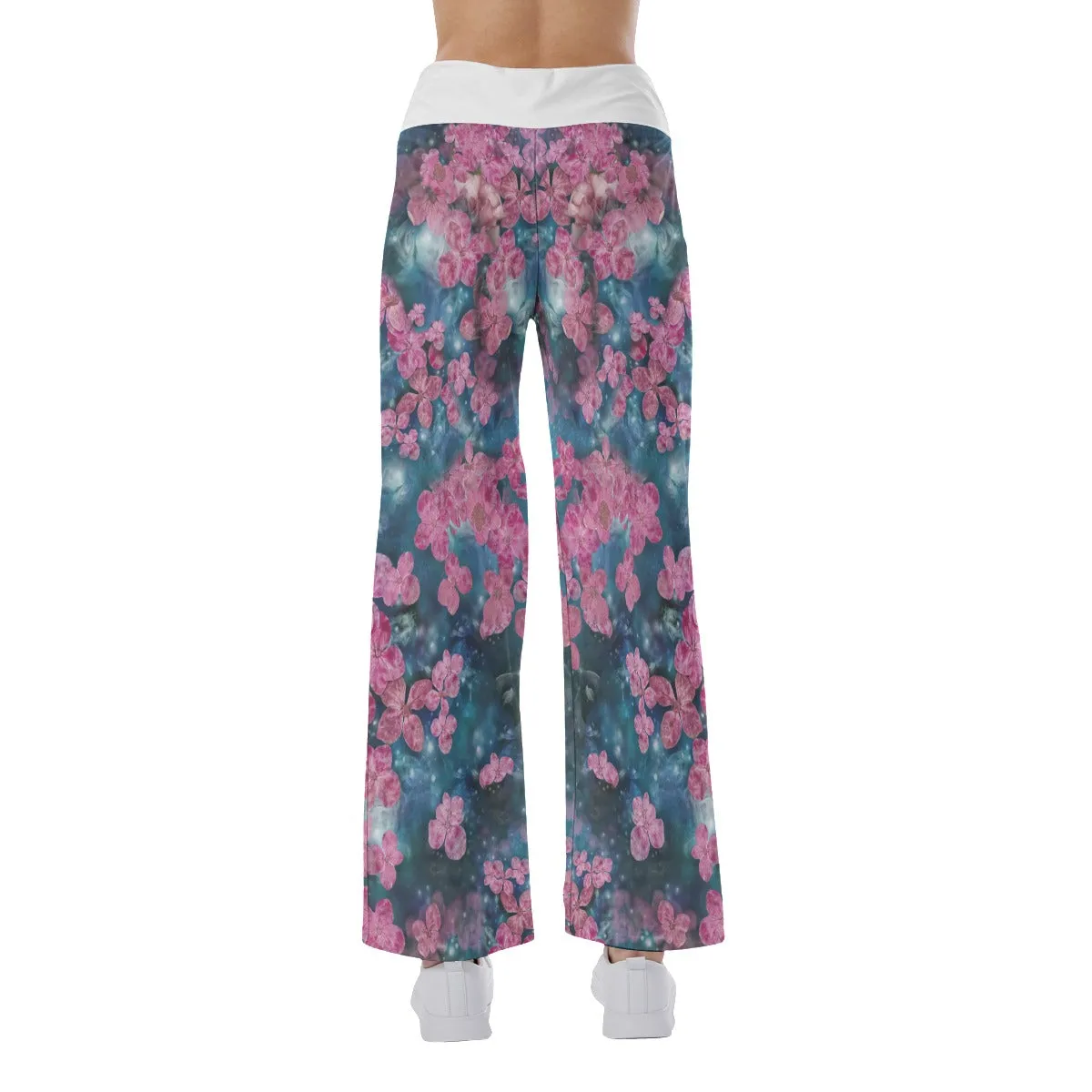 Pink Flower Skull Abstract Women's High-waisted Wide Leg Pants