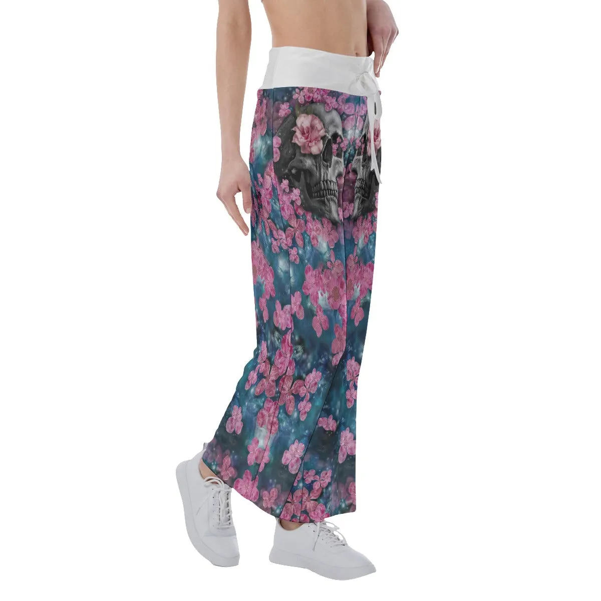Pink Flower Skull Abstract Women's High-waisted Wide Leg Pants