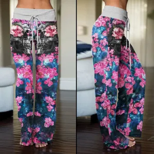 Pink Flower Skull Abstract Women's High-waisted Wide Leg Pants