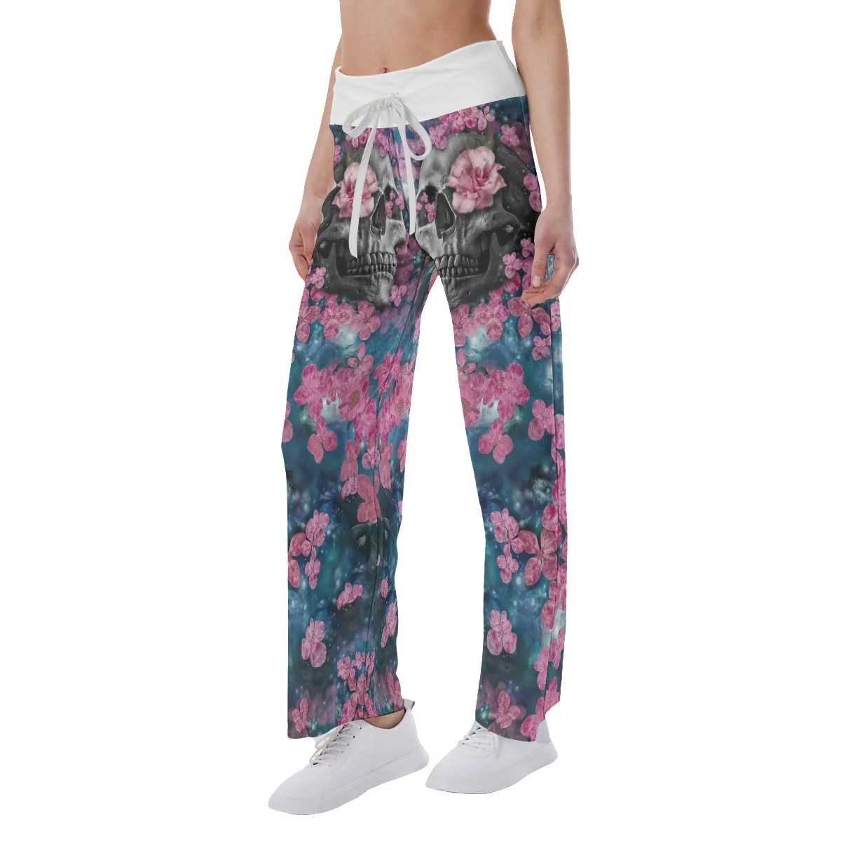 Pink Flower Skull Abstract Women's High-waisted Wide Leg Pants