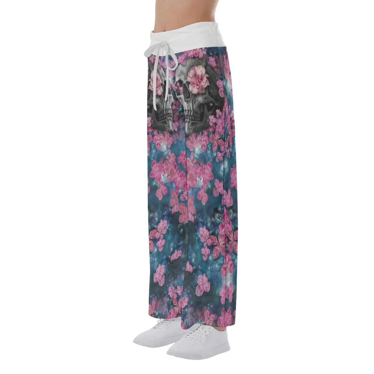 Pink Flower Skull Abstract Women's High-waisted Wide Leg Pants