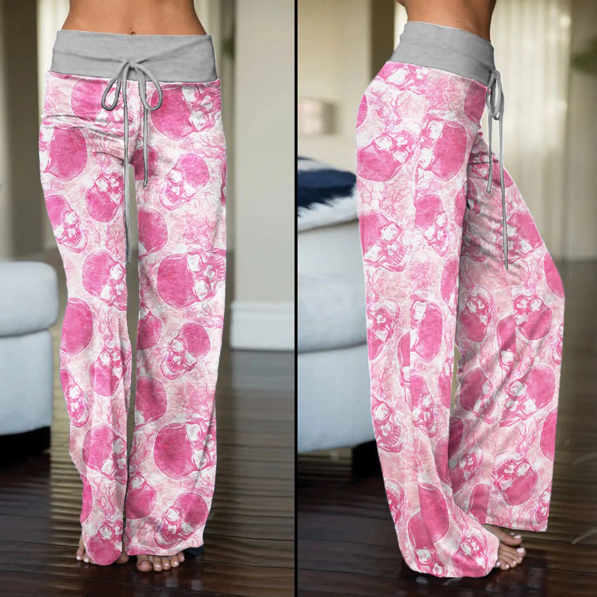 Pink Skull Thunder Women's High-waisted Wide Leg Pants