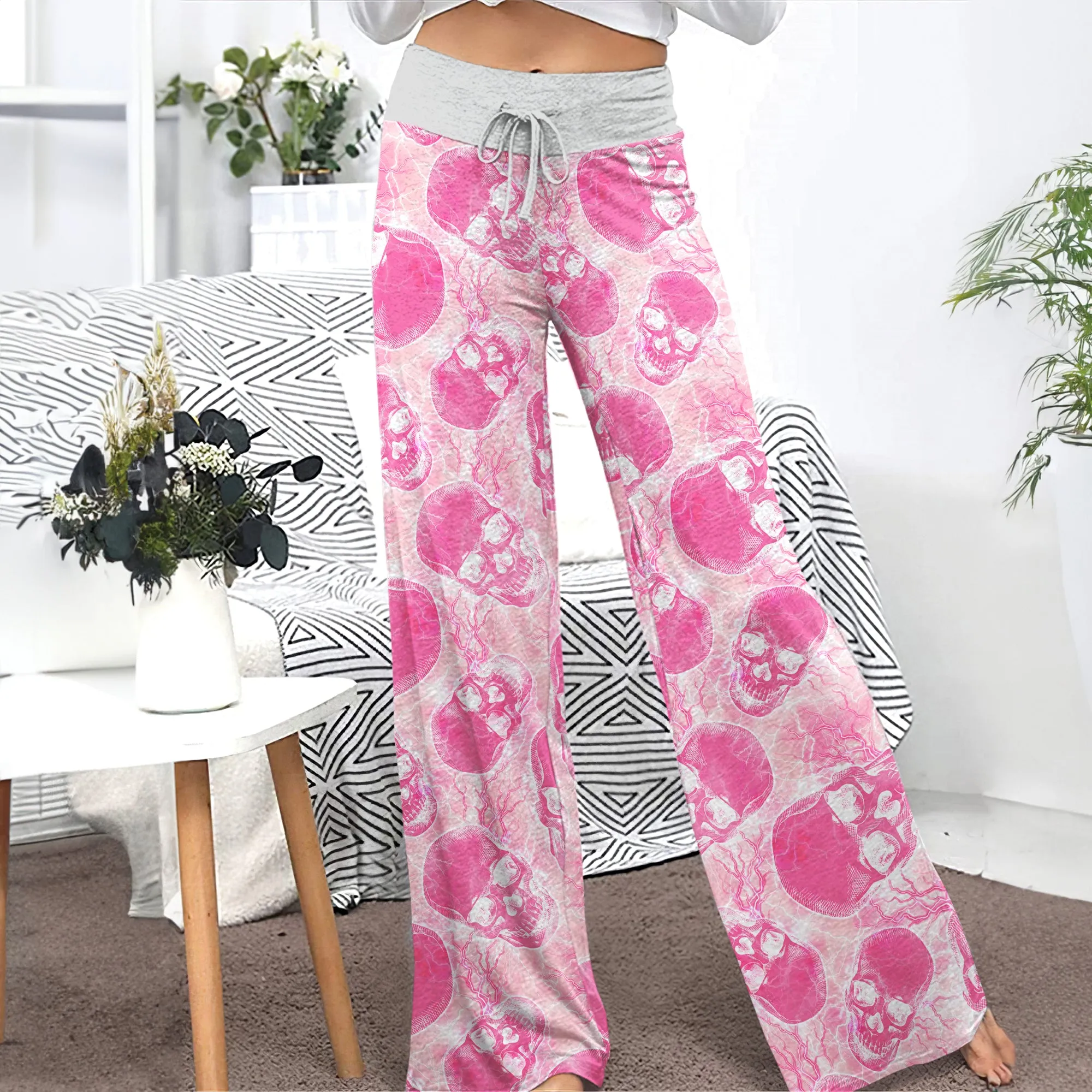 Pink Skull Thunder Women's High-waisted Wide Leg Pants