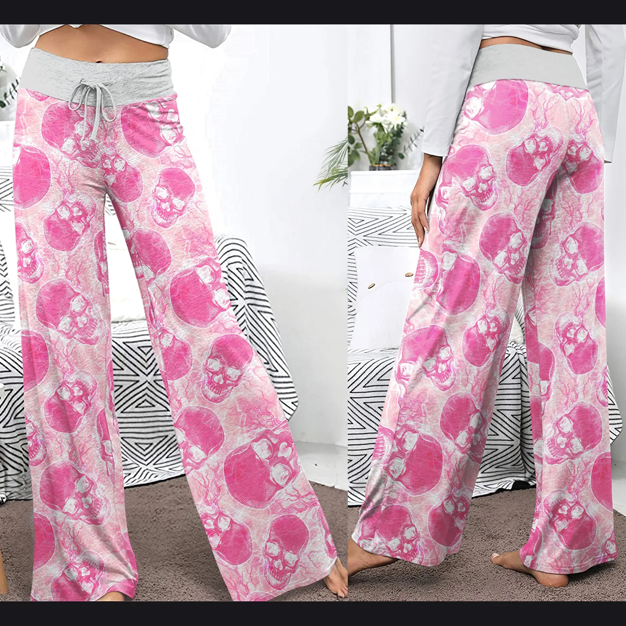 Pink Skull Thunder Women's High-waisted Wide Leg Pants