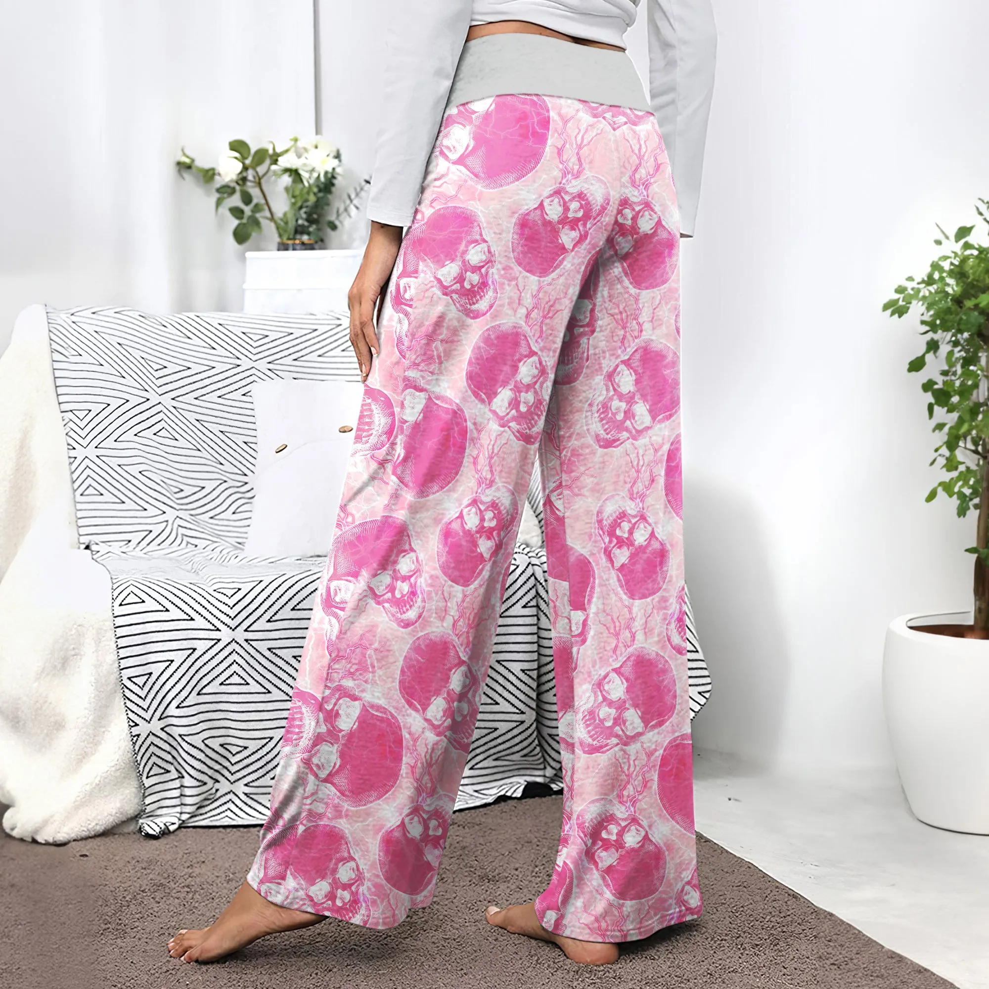Pink Skull Thunder Women's High-waisted Wide Leg Pants