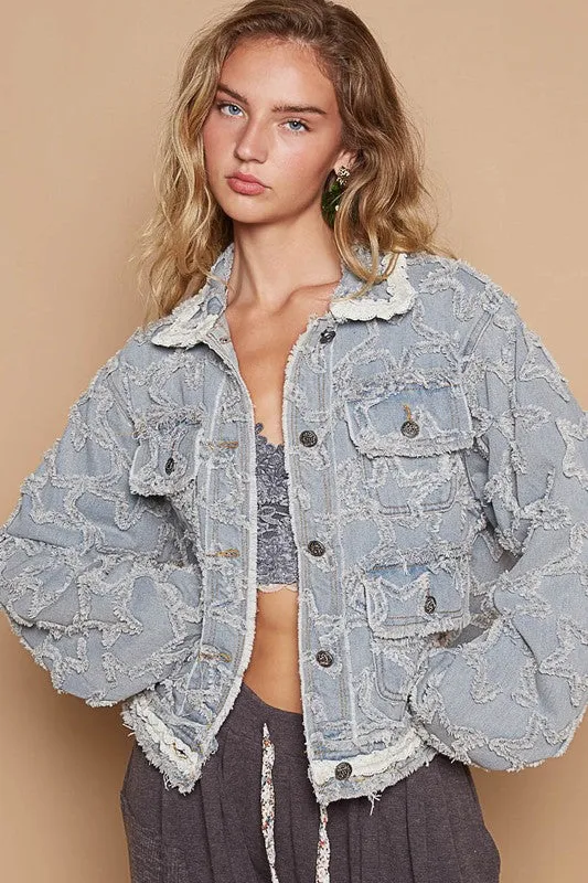 POL Clothing  Star Textured Raw Hem Long Sleeve Denim Womens Jacket