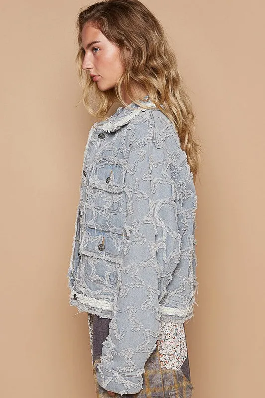 POL Clothing  Star Textured Raw Hem Long Sleeve Denim Womens Jacket