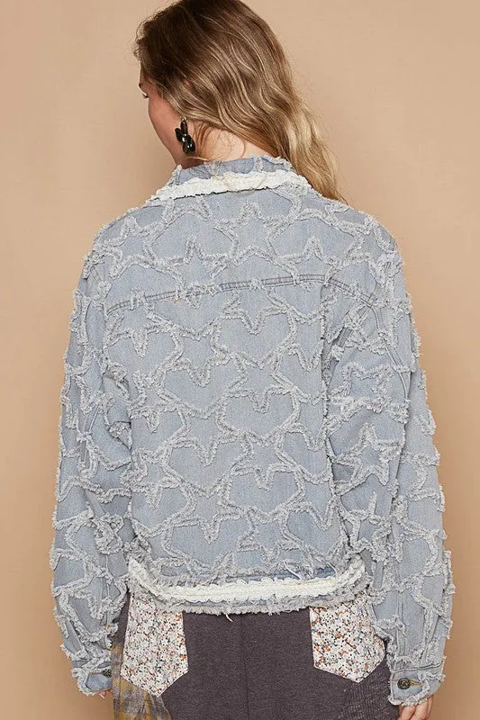 POL Clothing  Star Textured Raw Hem Long Sleeve Denim Womens Jacket