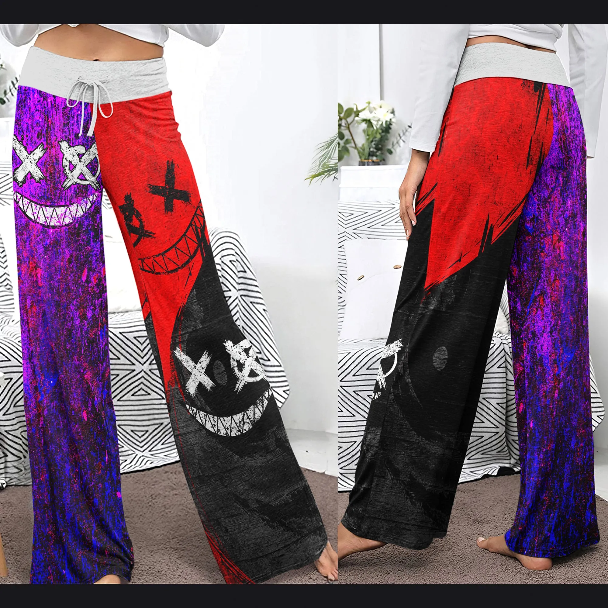 Purple Red Emo Smile Women's High-waisted Wide Leg Pants