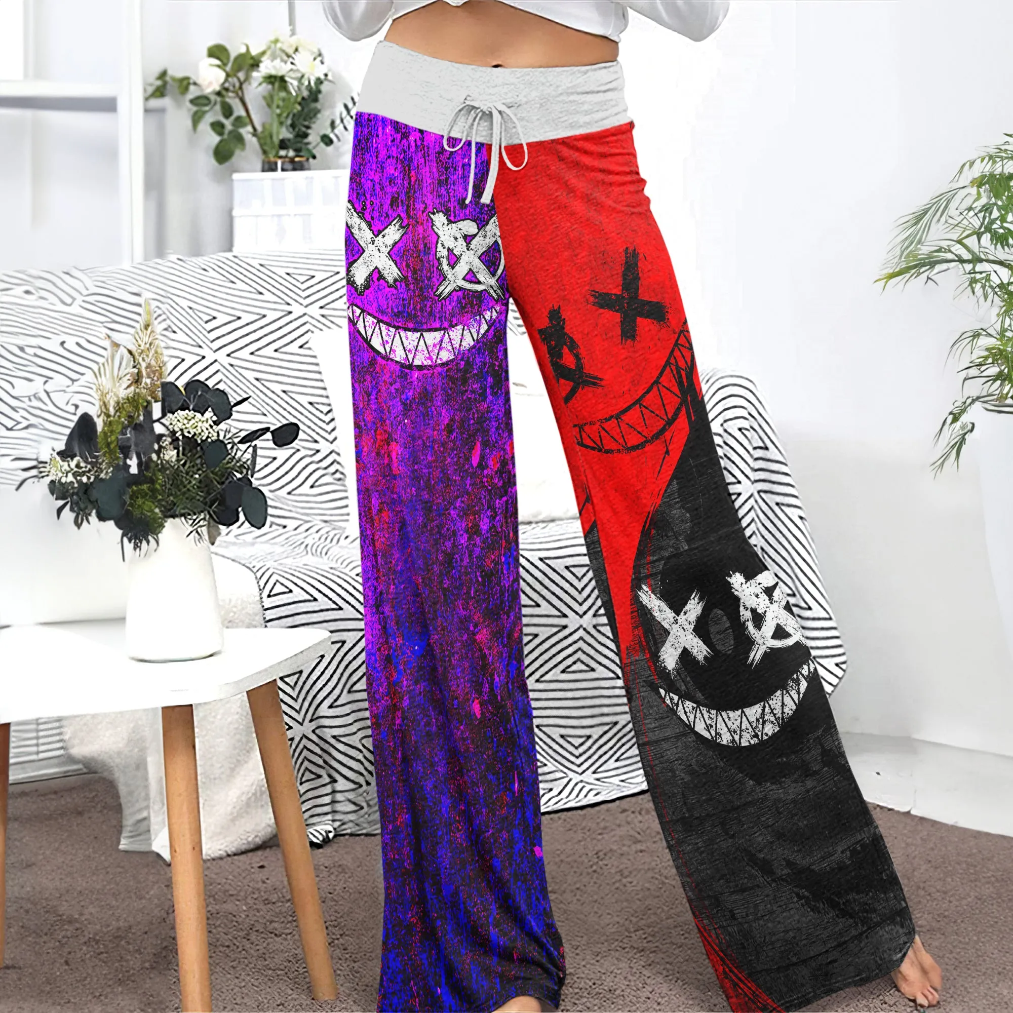 Purple Red Emo Smile Women's High-waisted Wide Leg Pants