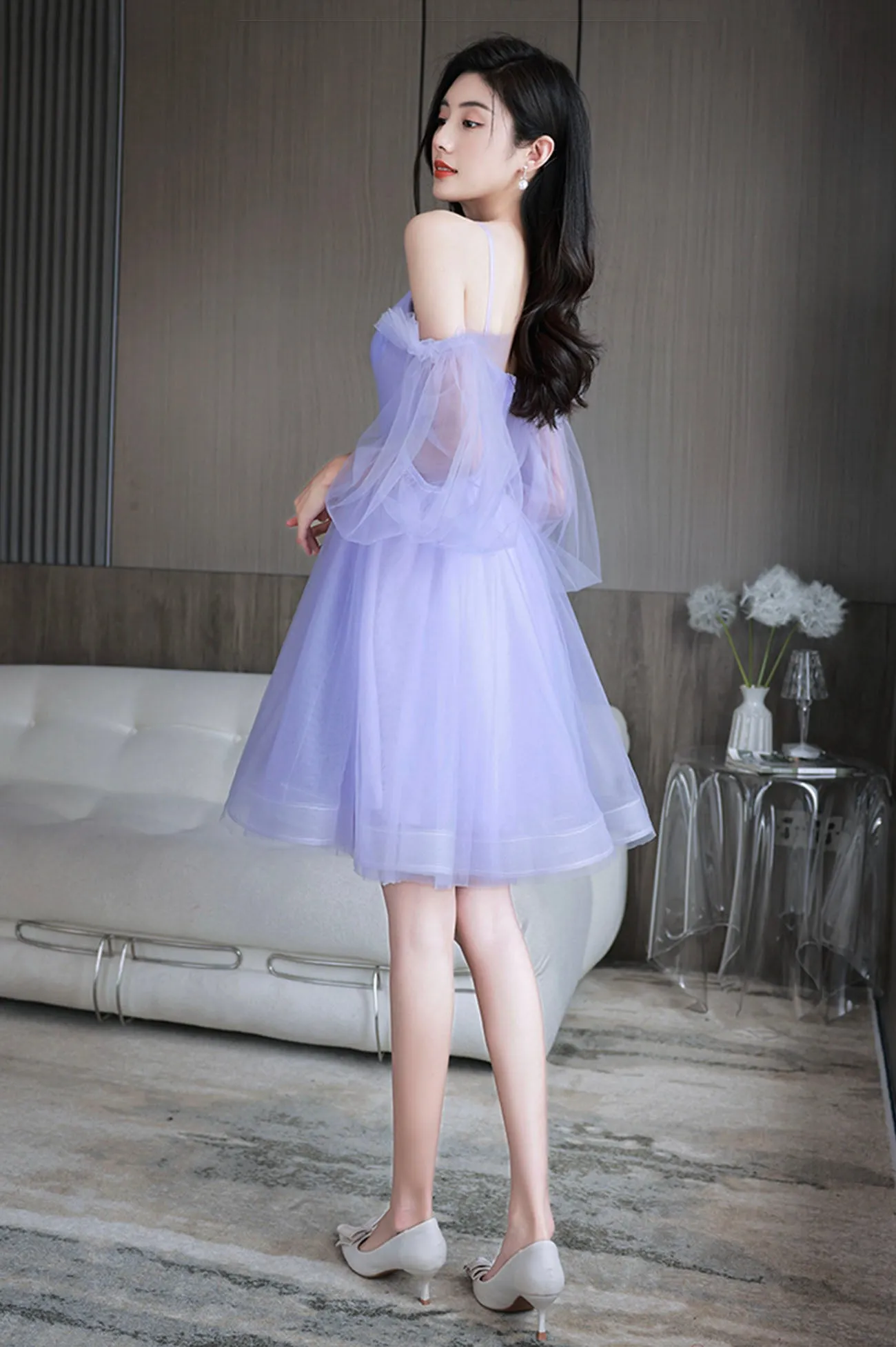 Purple Spaghetti Strap Tulle Short Mini Party Dress